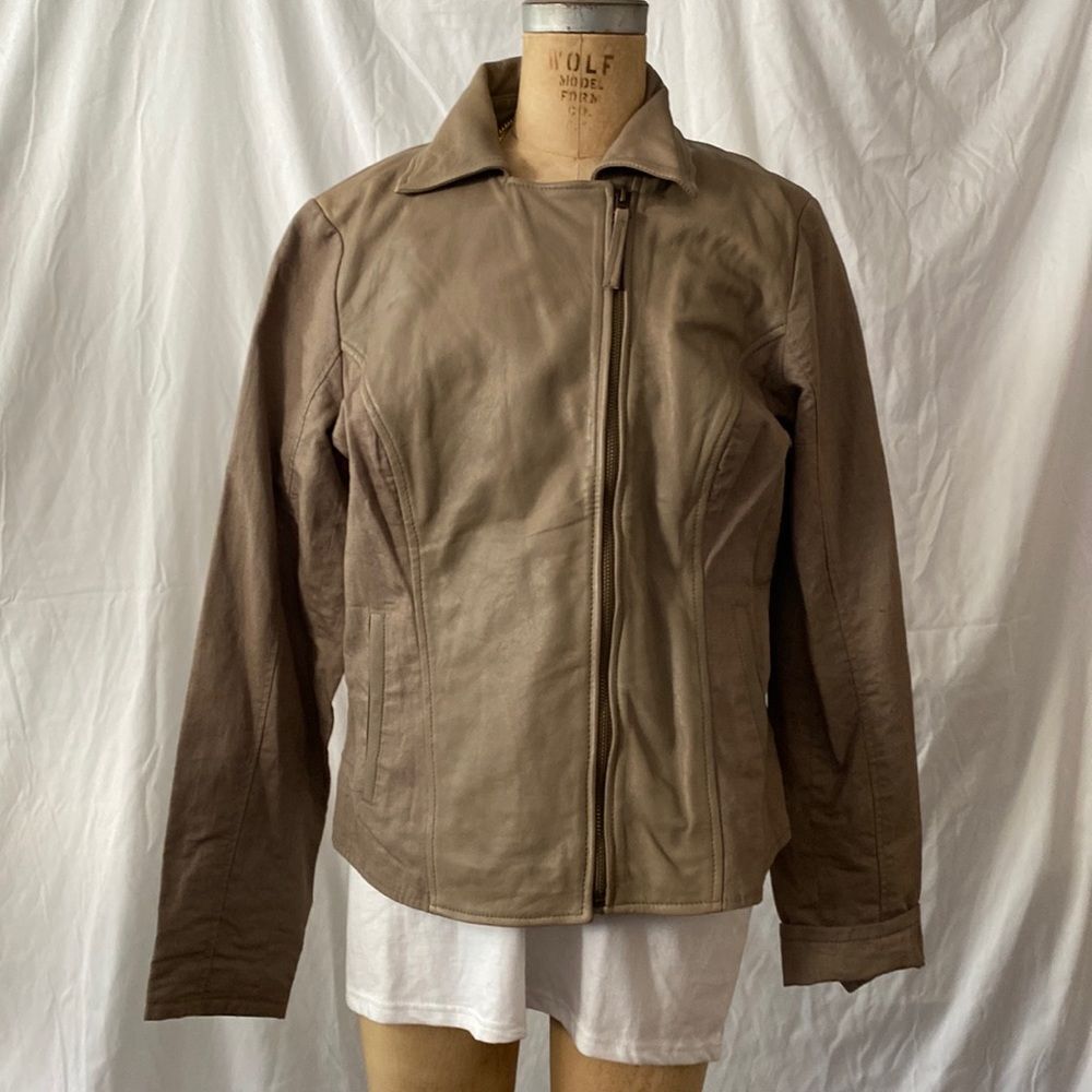 Lucky Brand taupe leather and cotton jacket.